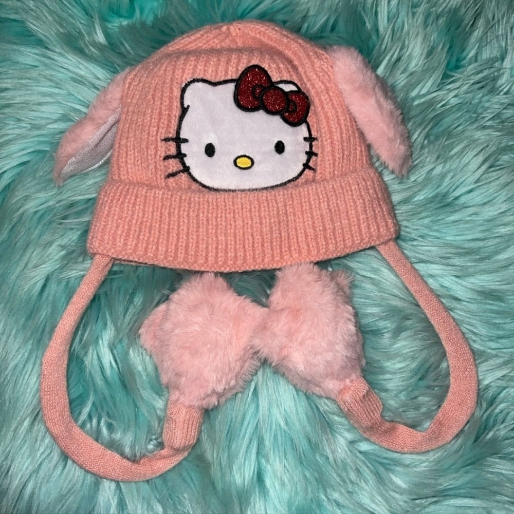 Hello Kitty Pink Knit Beanie with Pom Poms and Red Glitter Bow EARS MOVE! NEW!